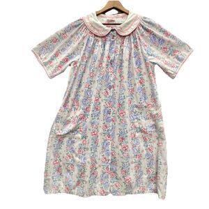 Smart Time Vtg House Dress Robe XL Floral Pink Gingham Snaps 56” Bust Pocket